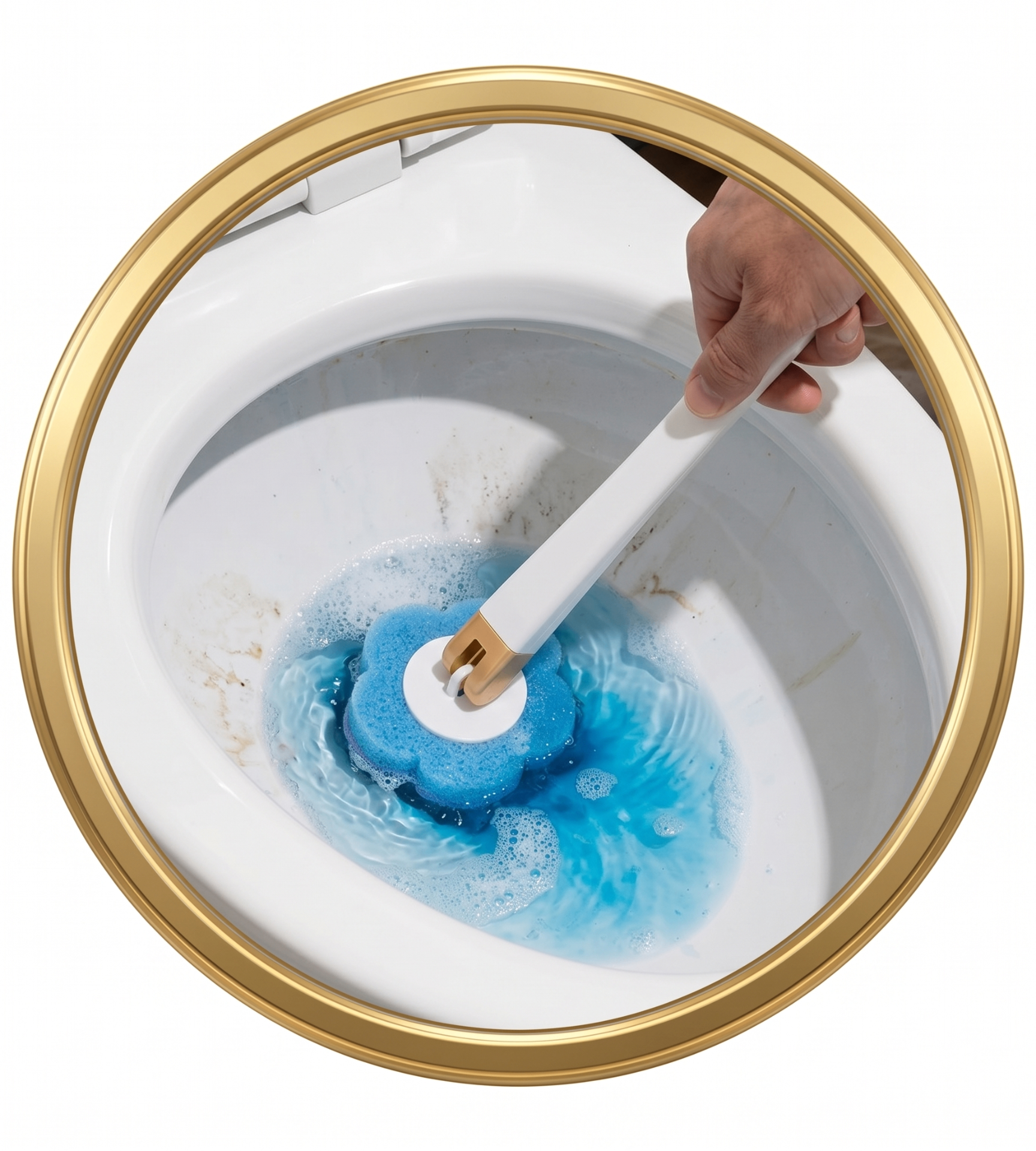 Schrobben in het toilet met schuimende antibacteriële pad